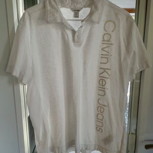 Calvin Klein Men's White Logo Slub Knit Polo Shirt Collared Split Neck Size XL